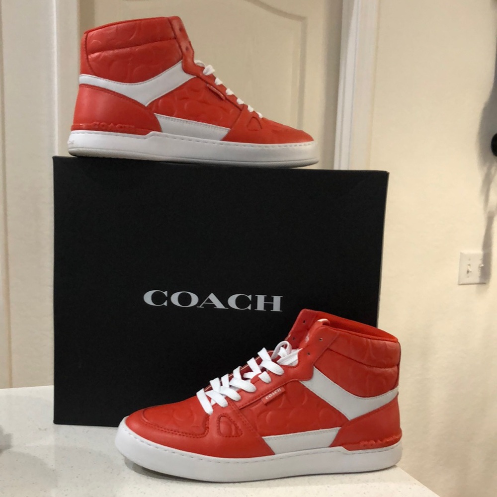Men’s Coach leather Red and White High-Top Sneakers